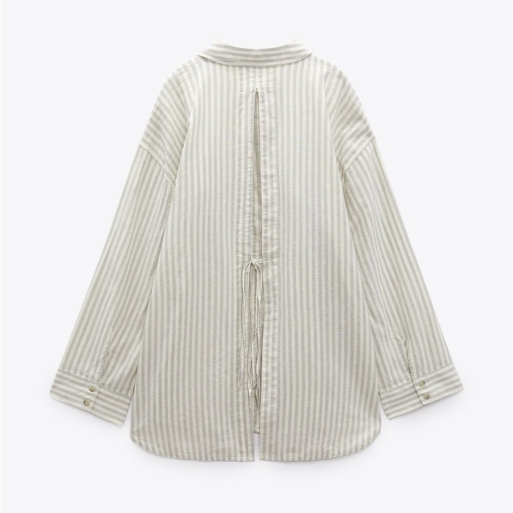 ZARA Striped Cotton / Linen Green Button Down Shirt, Sz M - NWT